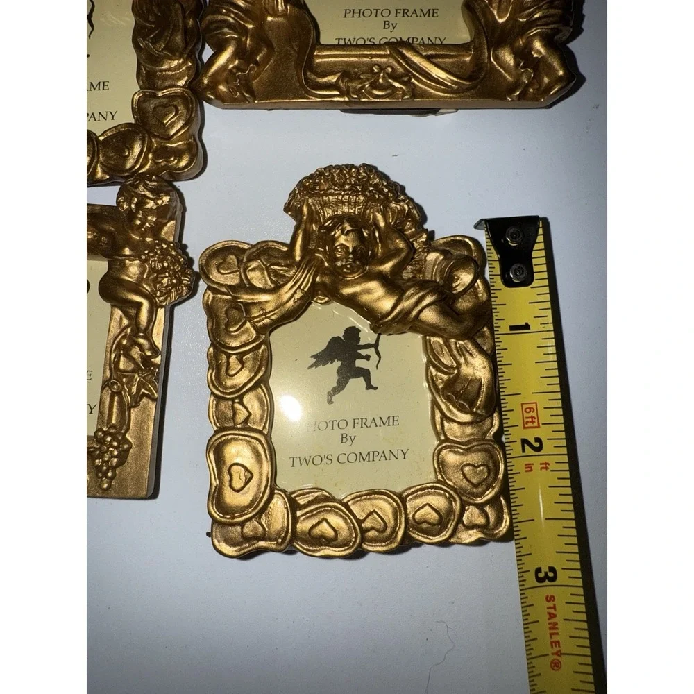 VTG Set of 12 Gold Toned Two's Company Small‎ Photo Frames Angel Cherub Ribbon N